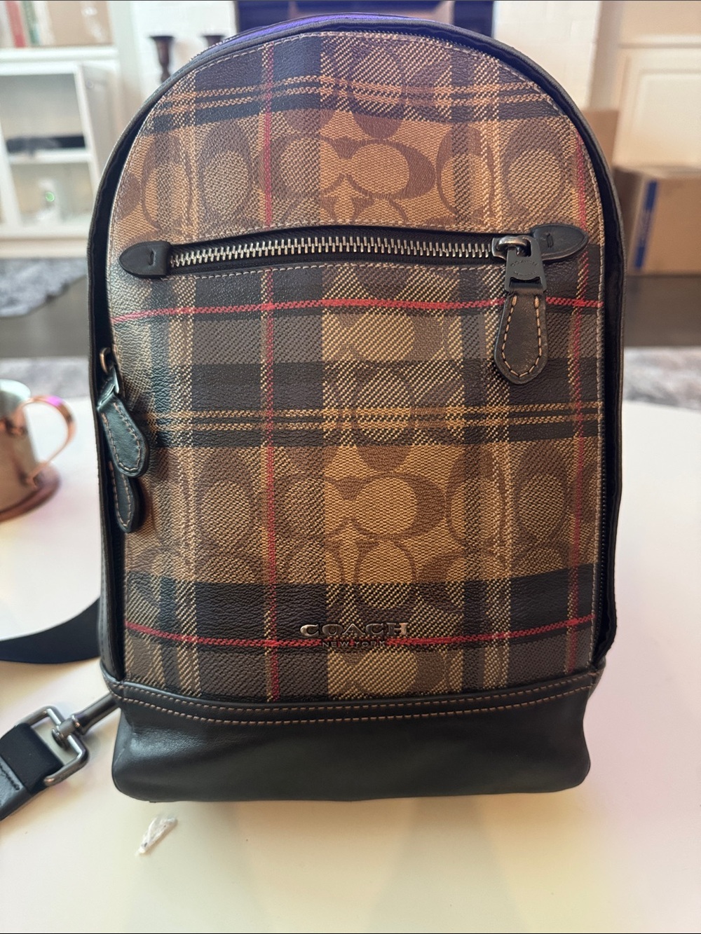 Coach Men's Brown and Black Signature Plaid Sling Bag